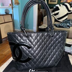 Authentic CHANEL Cambon Ligne CC Calfskin Quilted Tote Black Leather Purse